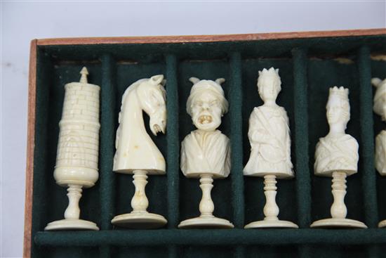 An 18th century French carved ivory Dieppe figural chess set,